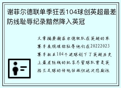 谢菲尔德联单季狂丢104球创英超最差防线耻辱纪录黯然降入英冠 谢菲尔德联单季狂丢104球创英超最差防线耻辱纪录黯然降入英冠